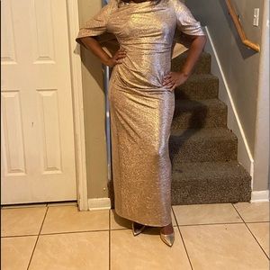 Size 12 metallic rose gold evening gown by R&M Richard’s- only worn once
